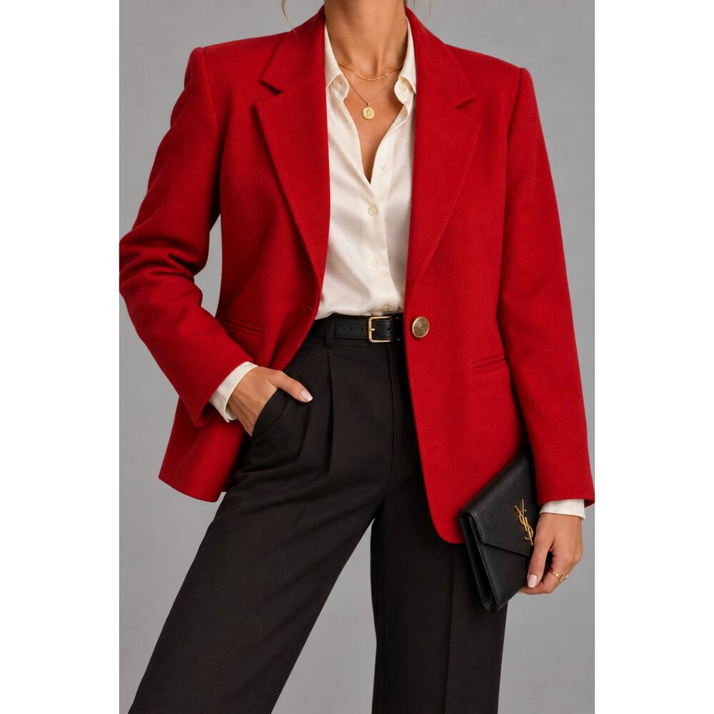 Vintage Sag Harbor Red Wool Blazer Women’s 14 Gold Button 90s Power Dressing